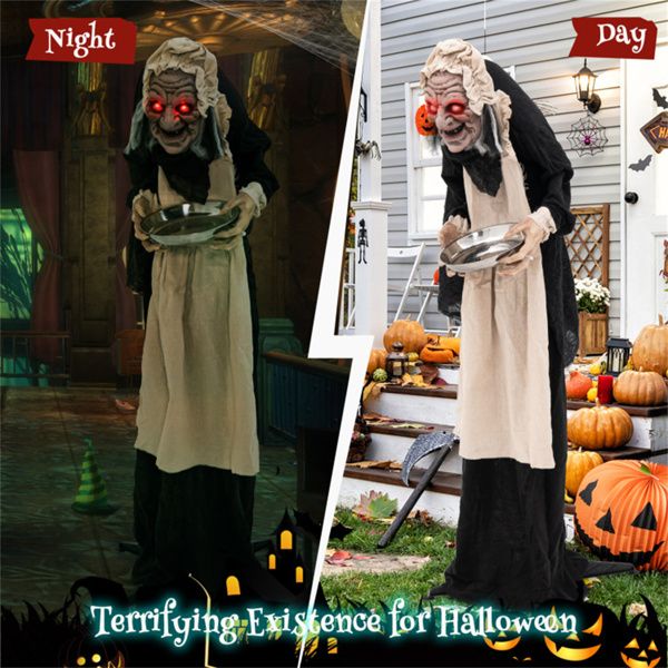 5.2ft Halloween Animatronic Old Lady Maid – Motion Activated with Flashing Red Eyes and Creepy Talking Phrases - Monsta Online