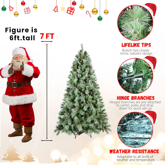 7FT Artificial Christmas Tree — Full, 82 Pine Cones, 1348 Tips, PVC+Hard Needle, Hinged, Metal Stand - Monsta Online