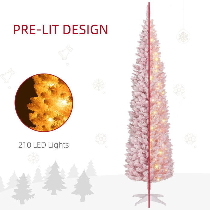 7FT Pre - Lit Pink Pencil Artificial Christmas Tree — 210 Warm White LED Lights, 499 Tips, Slim, Steel Base - Monsta Online