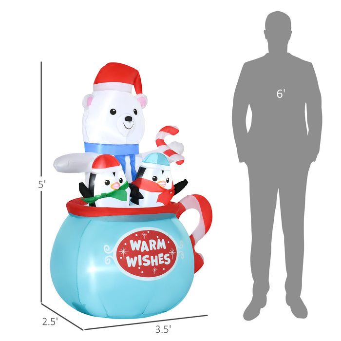 5FT Prelit Inflatable Polar Bear & Penguins in Hot Cocoa Cup with LED Lights - Outdoor Christmas Decoration - Monsta Online