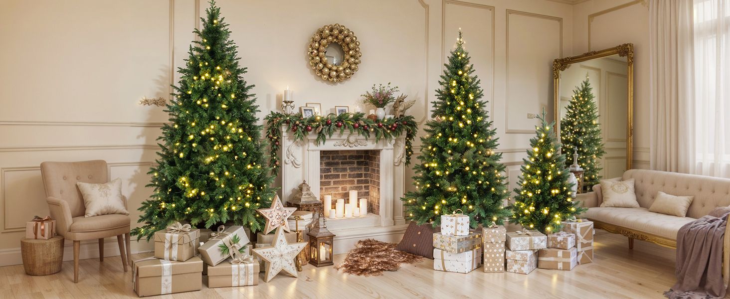 4FT, 6FT, 8FT Pre - Lit Green Pine Artificial Christmas Tree Set — Warm LED, Full Shape, Hinged, PVC - Monsta Online