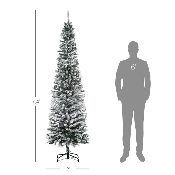 7.5FT Snow Flocked Pencil Artificial Christmas Tree — 738 Tips, Unlit, Slim Space - Saving, Metal Base - Monsta Online