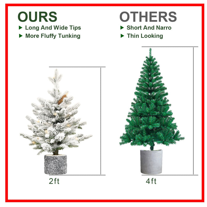 2FT Pre - Lit Snow Flocked Potted Christmas Tree — 189 PE/PVC Tips, 30 Lights, Mini Tabletop - Monsta Online