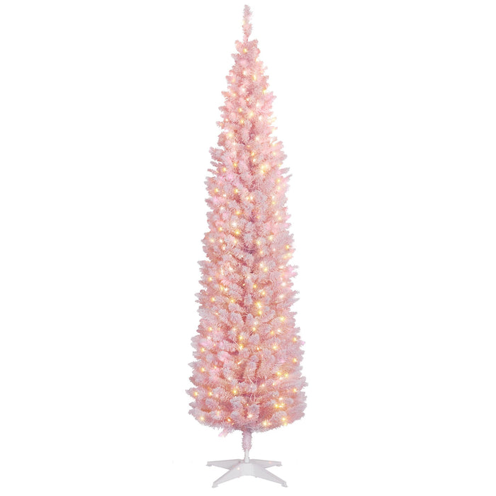 7FT Pre - Lit Pink Pencil Artificial Christmas Tree — 210 Warm White LED Lights, 499 Tips, Slim, Steel Base - Monsta Online
