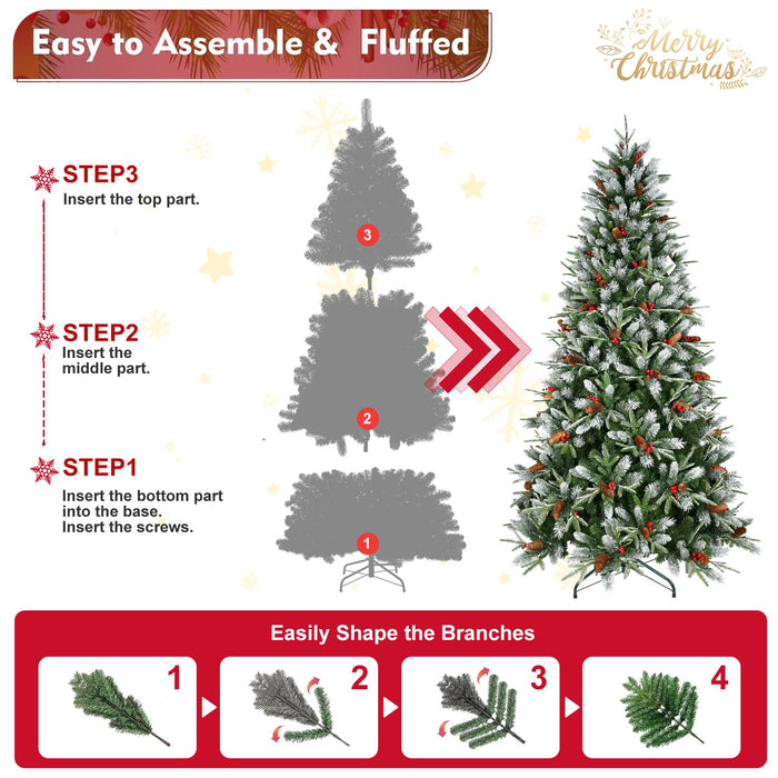 5FT Artificial Christmas Tree — Snow - Tipped, 1131 Tips, Berries & Pine Cones, Hinged, Metal Stand - Monsta Online