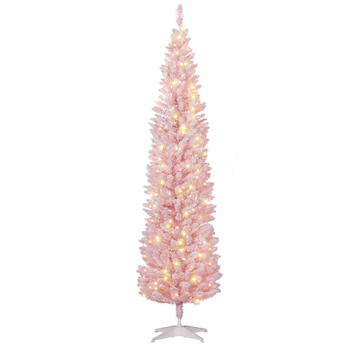 7FT Pre - Lit Pink Pencil Artificial Christmas Tree — 210 Warm White LED Lights, 499 Tips, Slim, Steel Base - Monsta Online