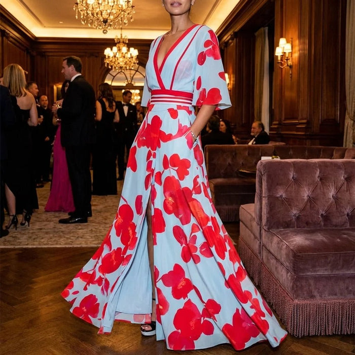 Women's Elegant Robe Dress – Waist - Flattering Wrap Style in Blue & Red for Any Occasion - Monsta Online