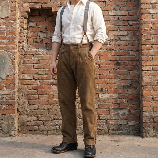 Men's Pleated Trousers with Adjustable Suspenders – Elegant Tailored Fit - Monsta Online