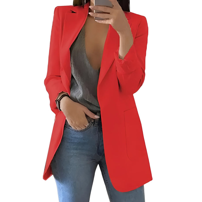 Women's Elegant Open Front Blazer – Tailored Wool & Hip - Length Silhouette - Monsta Online