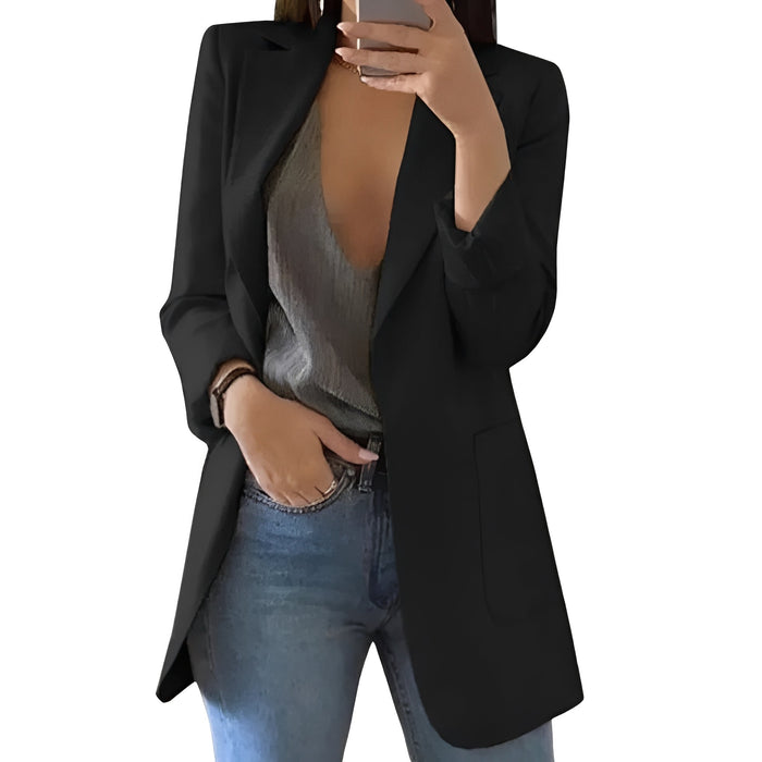 Women's Elegant Open Front Blazer – Tailored Wool & Hip - Length Silhouette - Monsta Online