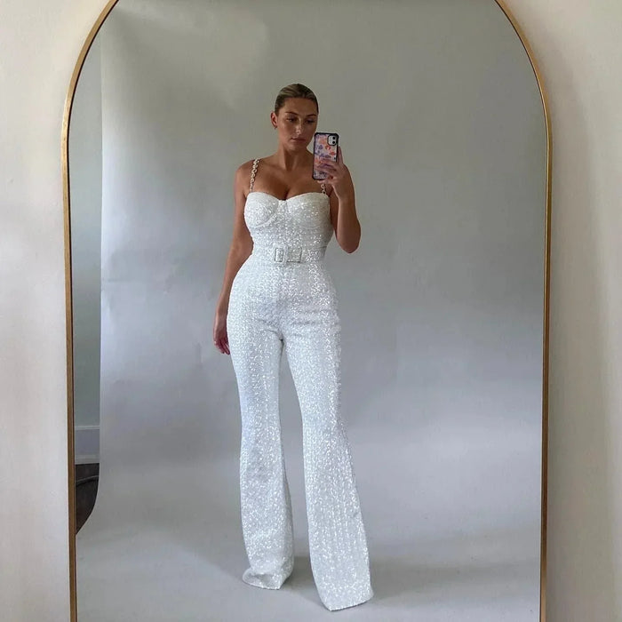 Jemima Glitter Jumpsuit – Women's Strapless Sparkle Jumpsuit with Waist Belt - Monsta Online
