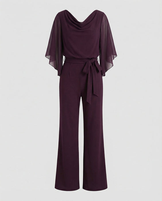 Women's Wide - Leg Jumpsuit – Cascading Neckline, Sheer Sleeves & Lace - Up Waist - Monsta Online