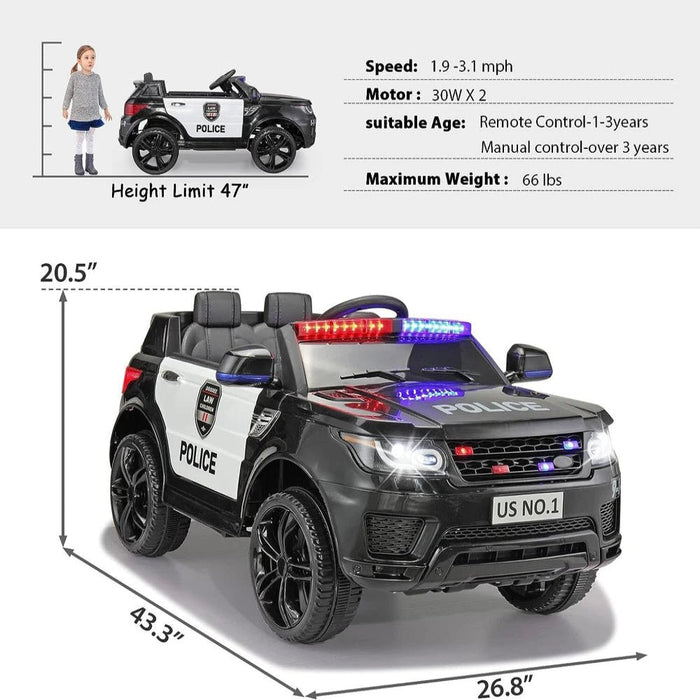 Black 12V Police Ride - On Car for Kids - Remote Control, Siren, Music & Suspension Features - Monsta Online