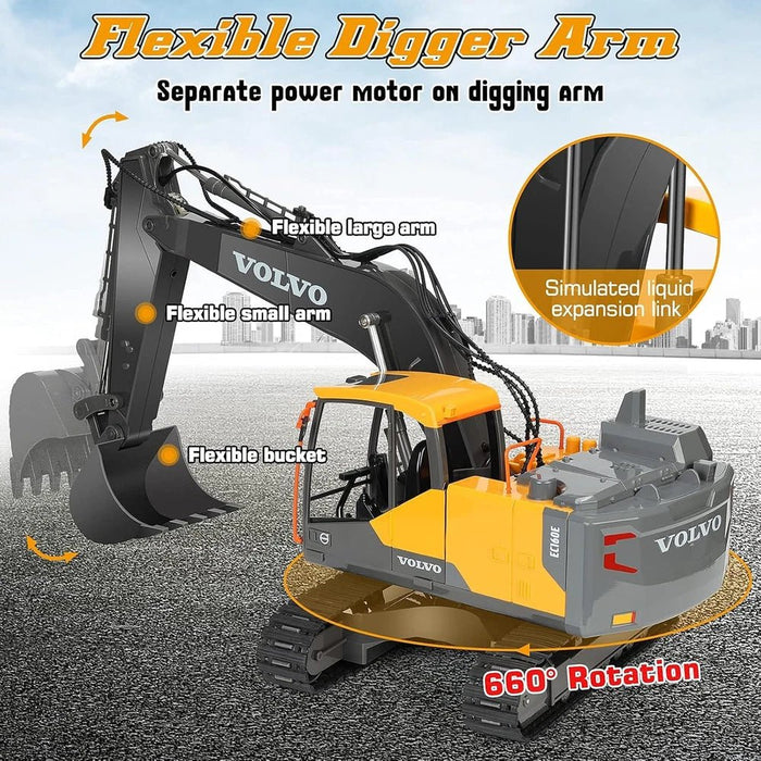 Premium 1:16 Scale Full Function Volvo RC Excavator with Metal Shovel - 17 Channel 3 - in - 1 Toy for Kids and Adults - Monsta Online