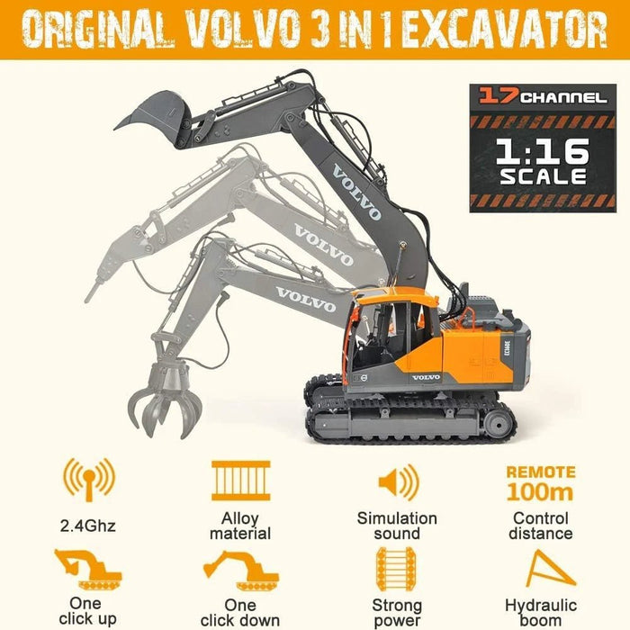 Premium 1:16 Scale Full Function Volvo RC Excavator with Metal Shovel - 17 Channel 3 - in - 1 Toy for Kids and Adults - Monsta Online