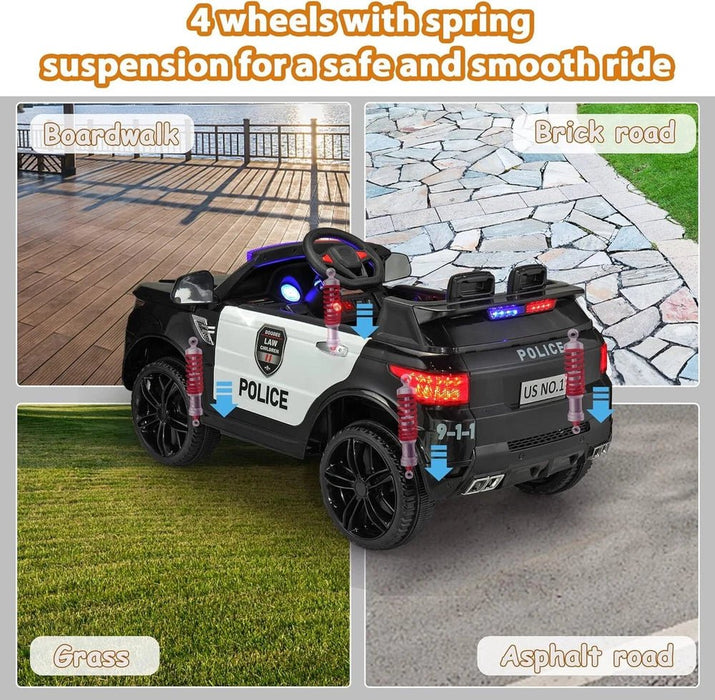 Black 12V Police Ride - On Car for Kids - Remote Control, Siren, Music & Suspension Features - Monsta Online