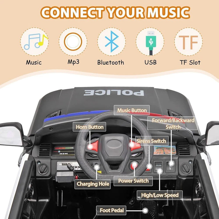 Black 12V Police Ride - On Car for Kids - Remote Control, Siren, Music & Suspension Features - Monsta Online
