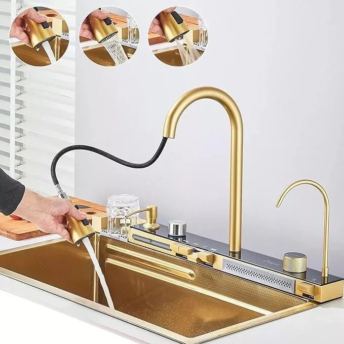 Modern 29.5" Stainless Steel Drop - In Waterfall Kitchen Sink with Pull Down Faucet - Monsta Online