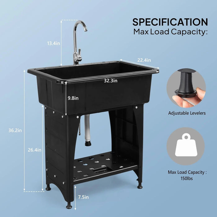 Multi Purpose Utility Laundry Sink with Stainless Steel Faucet and Removable Drainboard - Monsta Online