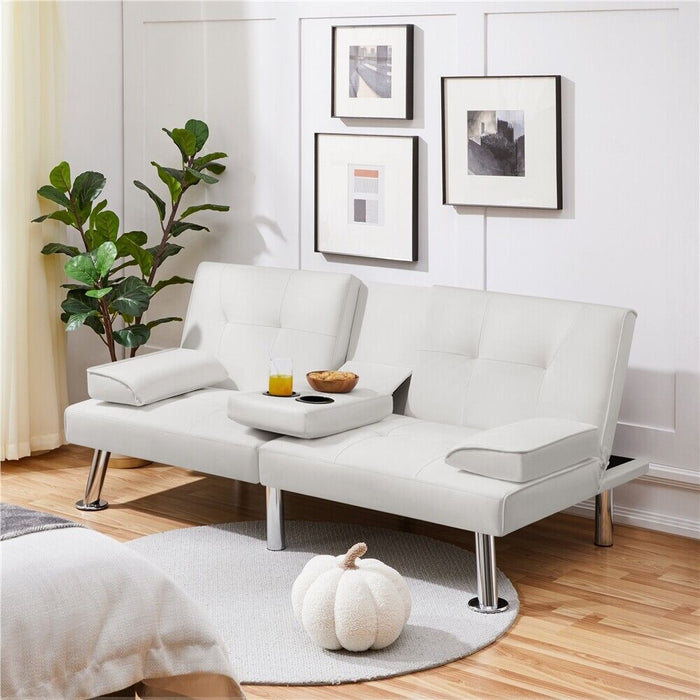 3 - in - 1 Convertible Futon Sofa Bed with Cup Holders and Plush Pillows - Monsta Online