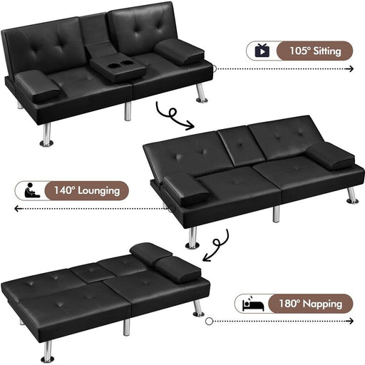 3 - in - 1 Convertible Futon Sofa Bed with Cup Holders and Plush Pillows - Monsta Online