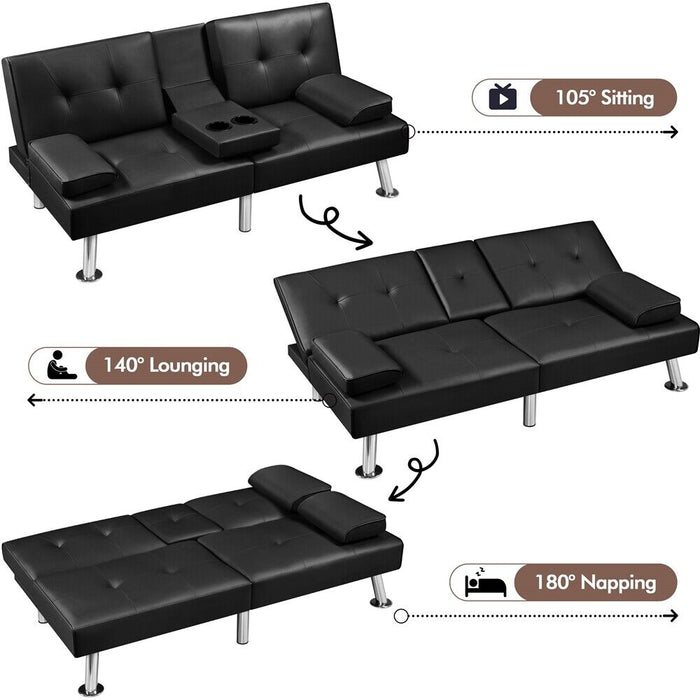 3 - in - 1 Convertible Futon Sofa Bed with Cup Holders and Plush Pillows - Monsta Online