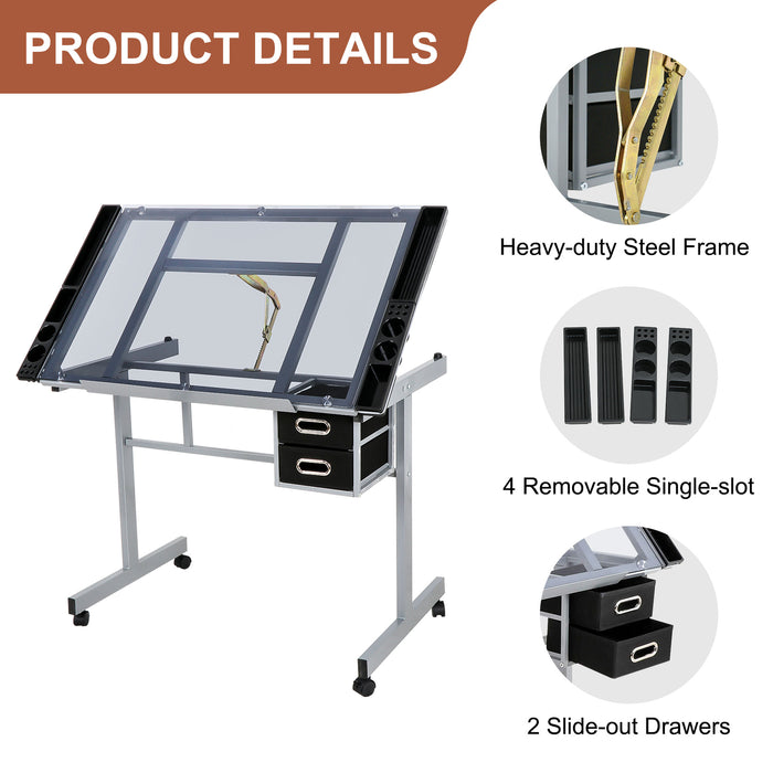 Adjustable Rolling Drawing Drafting Table - Tempered Glass Art Craft Work Station - Monsta Online