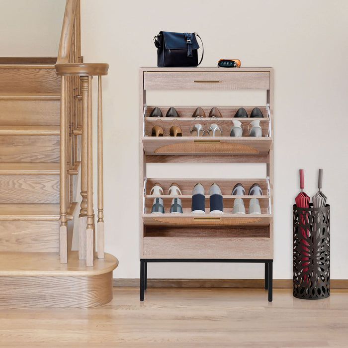 Modern Shoe Cabinet with Rattan Flip Drawers and Metal Frame - Monsta Online