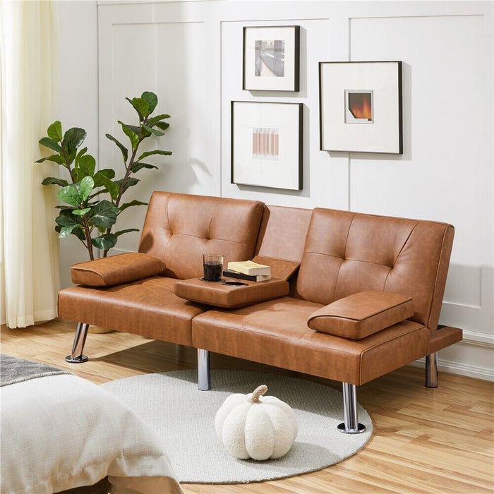 3 - in - 1 Convertible Futon Sofa Bed with Cup Holders and Plush Pillows - Monsta Online