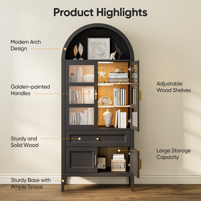 Luxury 71" Wooden Arch Display Storage Cabinet With Glass Doors and LED Lights - Monsta Online
