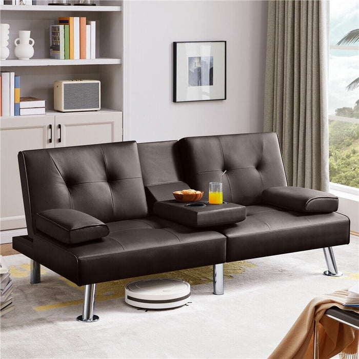 3 - in - 1 Convertible Futon Sofa Bed with Cup Holders and Plush Pillows - Monsta Online