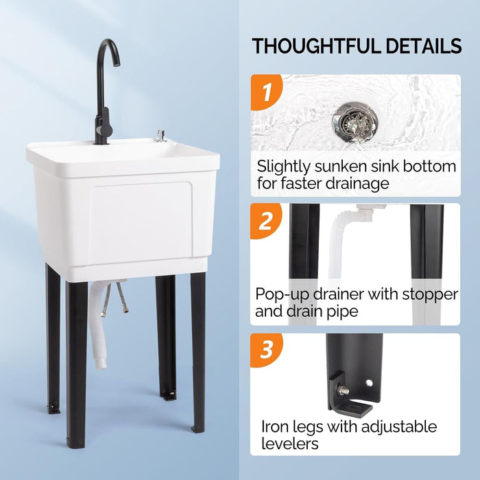 1 - Basin Freestanding Utility Laundry Sink with Stainless Steel Faucet and Drainboard - Monsta Online