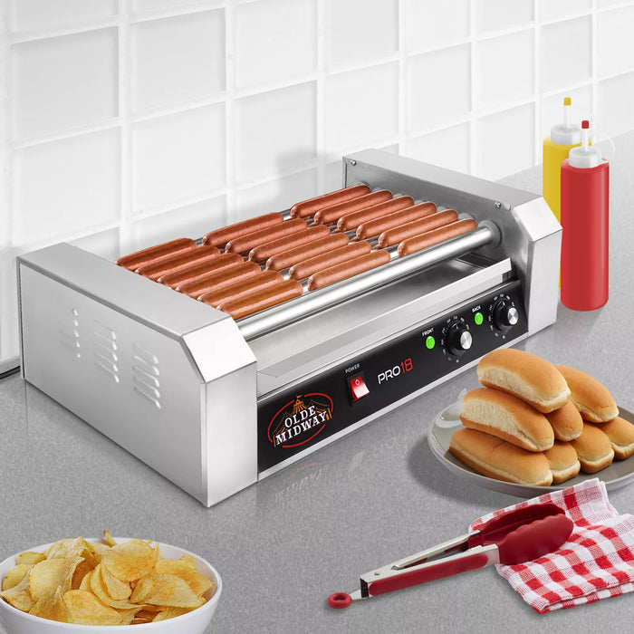 High Capacity 18 Hot Dog Roller Grill Cooker Machine with Glass Shield - Monsta Online