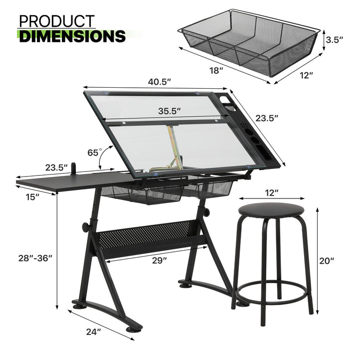 Professional Tempered Glass Drafting Table with Adjustable Angle and Bonus Stool - Monsta Online