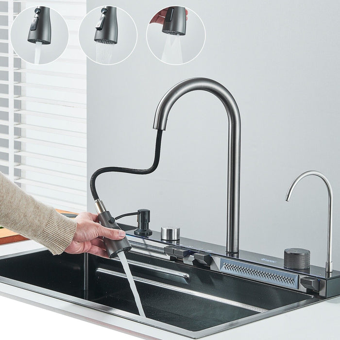 Modern 29.5" Stainless Steel Drop - In Waterfall Kitchen Sink with Pull Down Faucet - Monsta Online
