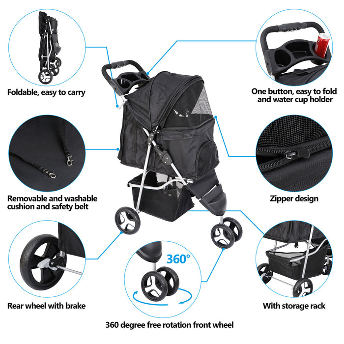 Premium Foldable 3 Wheel Pet Stroller with Cup Holder for Dogs and Cats - Monsta Online