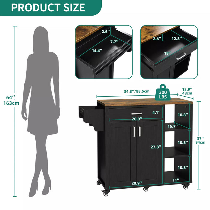 Modern 37" Rolling Kitchen Island Cart Cabinet With Drawer and Shelves - Monsta Online