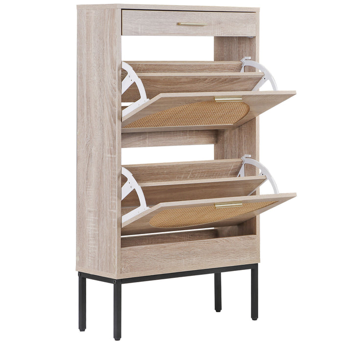Modern Shoe Cabinet with Rattan Flip Drawers and Metal Frame - Monsta Online