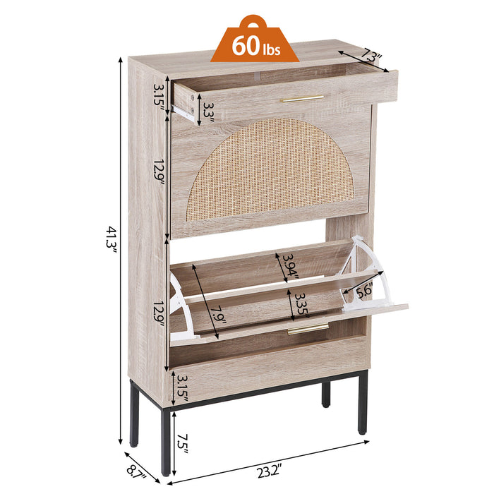 Modern Shoe Cabinet with Rattan Flip Drawers and Metal Frame - Monsta Online