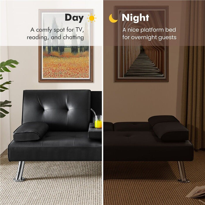 3 - in - 1 Convertible Futon Sofa Bed with Cup Holders and Plush Pillows - Monsta Online