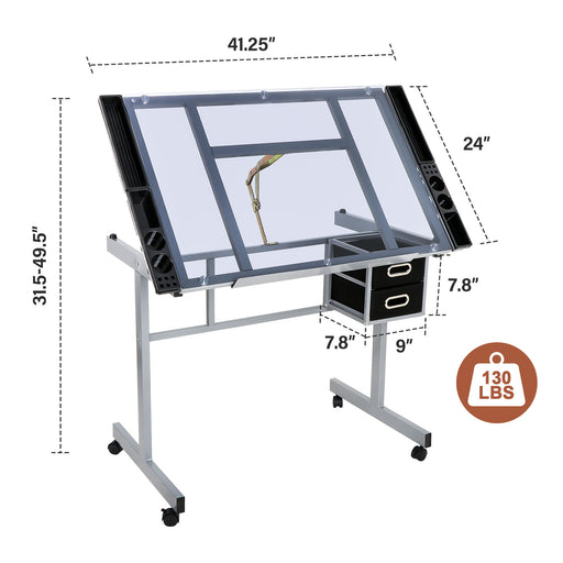Adjustable Rolling Drawing Drafting Table - Tempered Glass Art Craft Work Station - Monsta Online