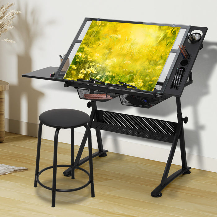Professional Tempered Glass Drafting Table with Adjustable Angle and Bonus Stool - Monsta Online