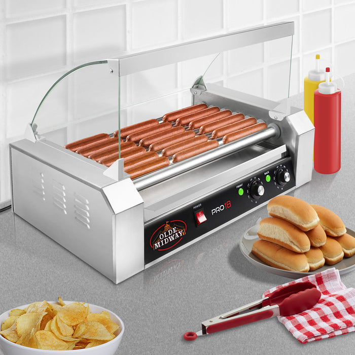 High Capacity 18 Hot Dog Roller Grill Cooker Machine with Glass Shield - Monsta Online