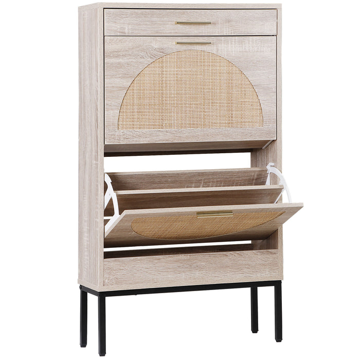 Modern Shoe Cabinet with Rattan Flip Drawers and Metal Frame - Monsta Online