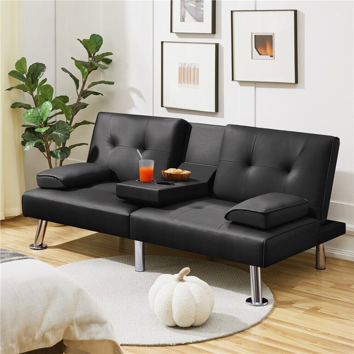 3 - in - 1 Convertible Futon Sofa Bed with Cup Holders and Plush Pillows - Monsta Online