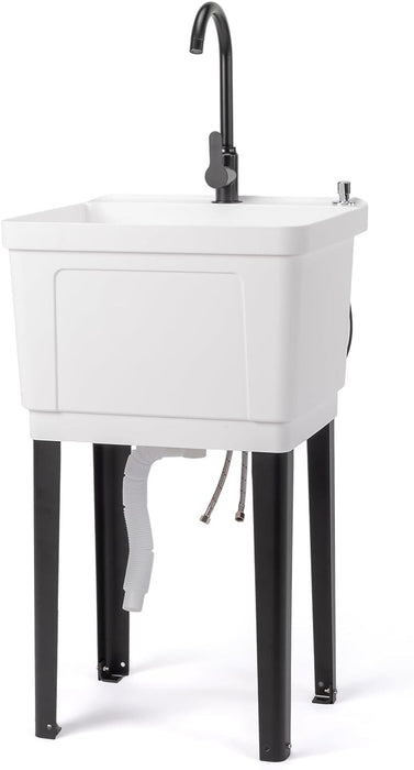 1 - Basin Freestanding Utility Laundry Sink with Stainless Steel Faucet and Drainboard - Monsta Online