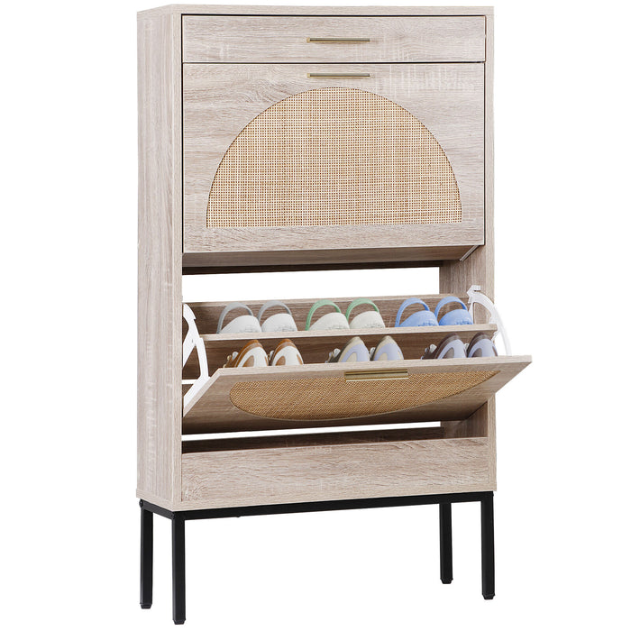 Modern Shoe Cabinet with Rattan Flip Drawers and Metal Frame - Monsta Online