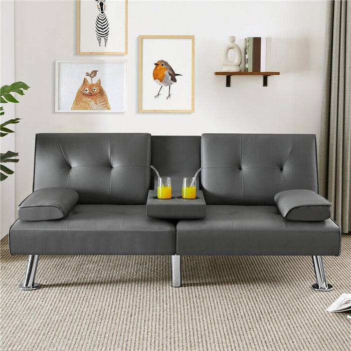 3 - in - 1 Convertible Futon Sofa Bed with Cup Holders and Plush Pillows - Monsta Online