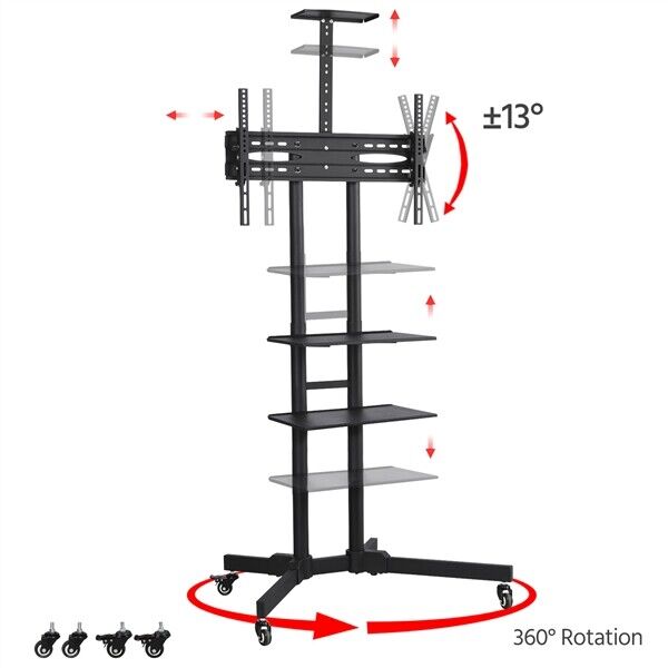 Height Adjustable Rolling TV Stand with Storage Shelves for 32–75 Inch Screens - Monsta Online