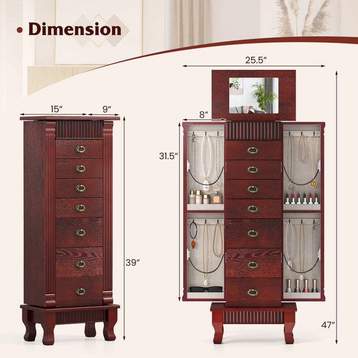 Luxury Wooden Jewelry Armoire with Mirror – 7 Drawers, Necklace Hooks & Lift - Top Storage - Monsta Online